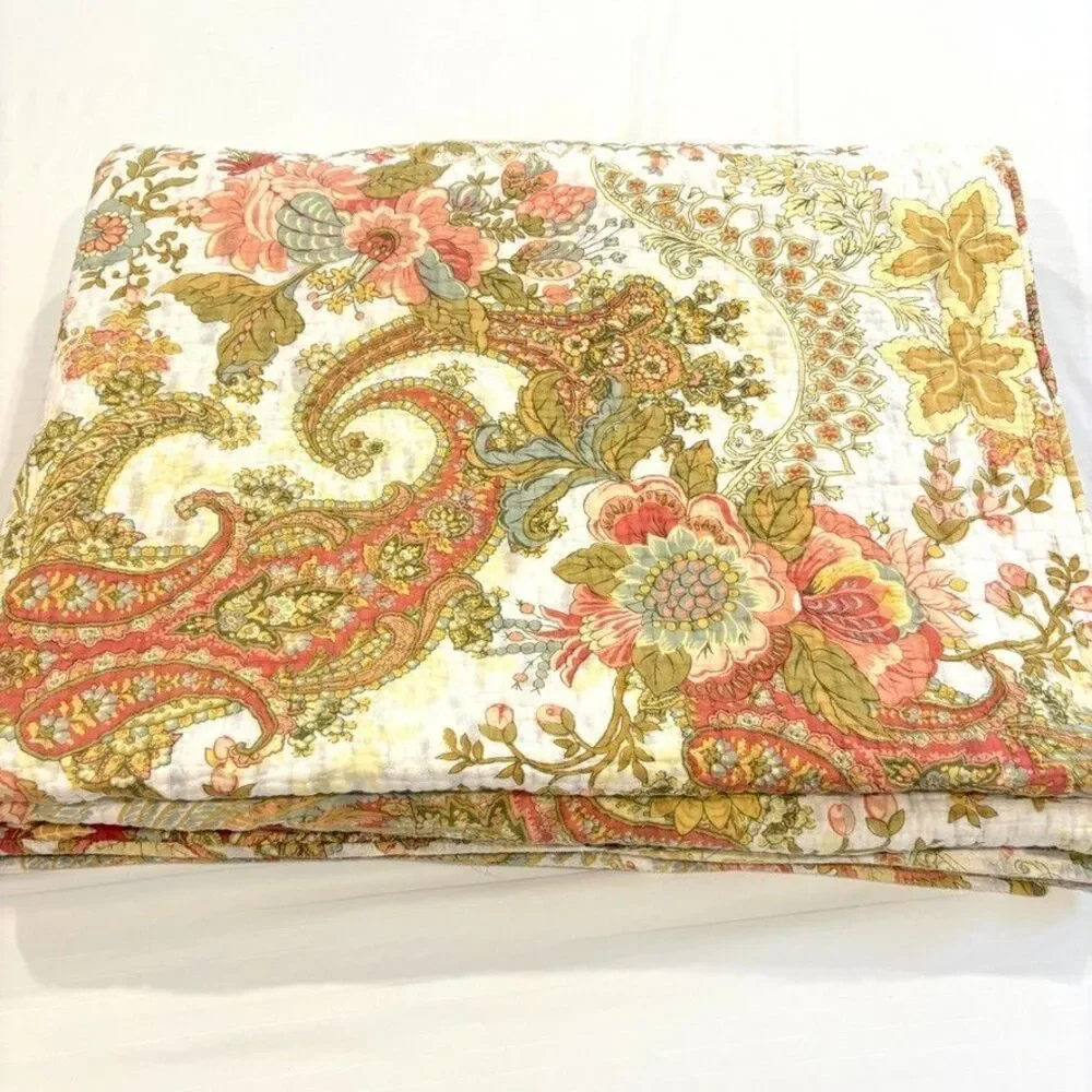 Pottery Barn Reversible Bird Floral Paisley Cotton King Quilt 2 Standard Shams